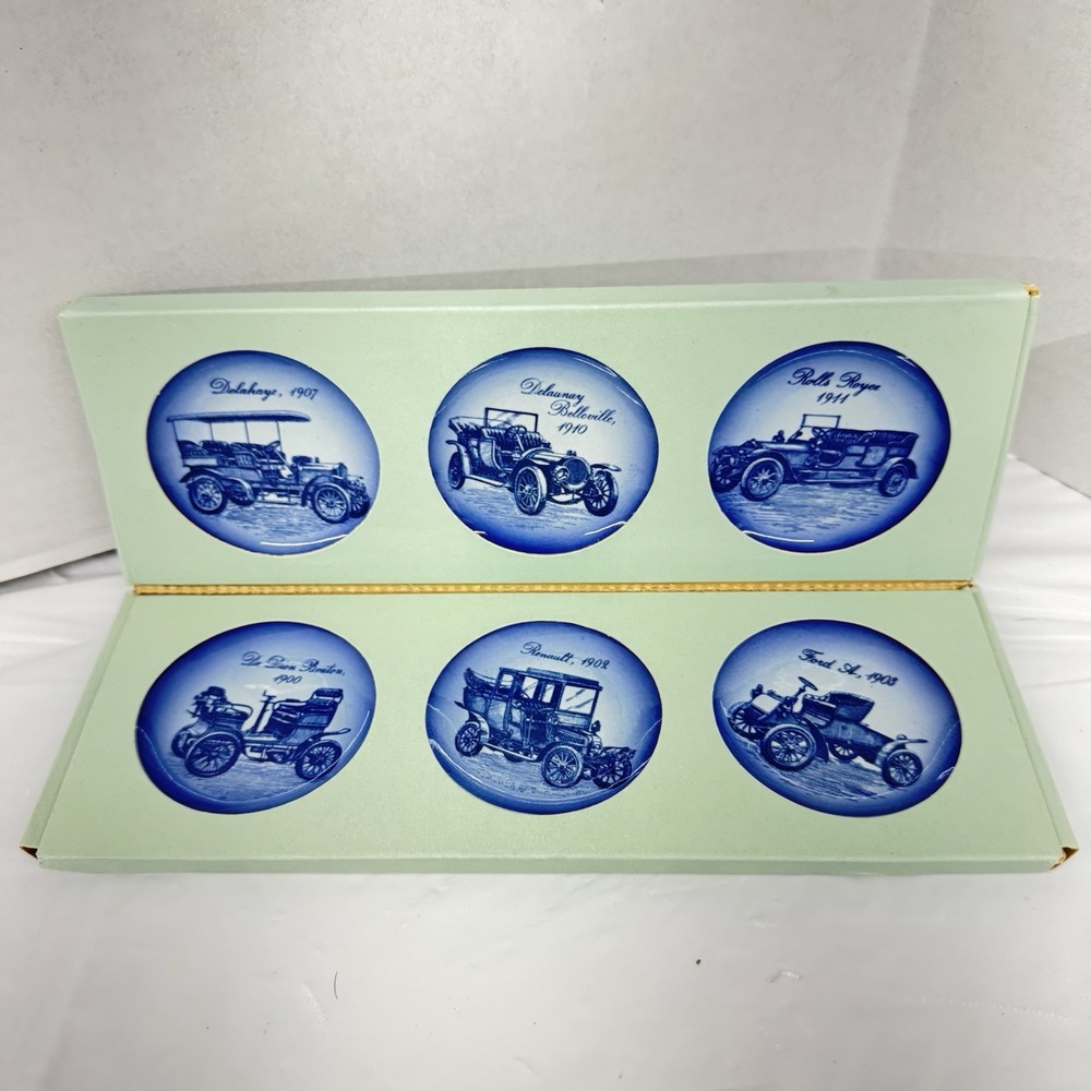 Royal Copenhagen Mini Plates in Box Antique‎ Automobile 6 Blue Vintage